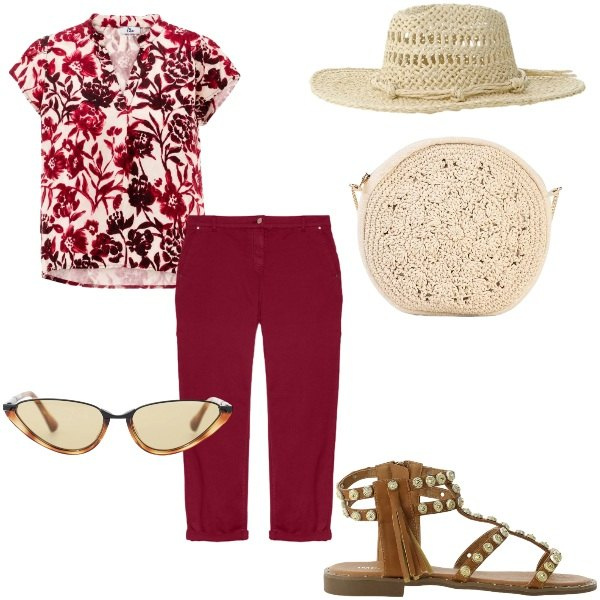 Outfit donna - Estate. Stile Casual per Tutti i giorni. Abbinamento con borse a tracolla, cappelli, sandali, occhiali da sole, bluse, pantaloni chino.