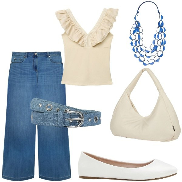 Outfit donna - Estate. Stile Casual per Tutti i giorni. Abbinamento con ballerine, canottiere, cinture, collane, jeans, borse a spalla.