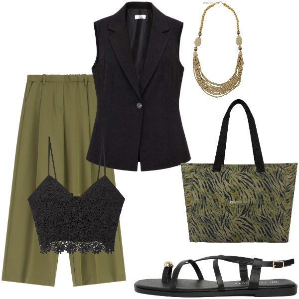 Outfit donna - Estate. Stile Casual chic per Serata fuori. Abbinamento con gilet, sandali, top, shopping bag, pantaloni a palazzo, collane.