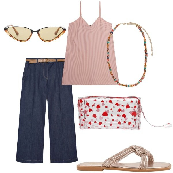 Outfit donna - Estate. Stile Casual per Tutti i giorni. Abbinamento con valigie, sandali, occhiali da sole, jeans, collane, vestiti corti.