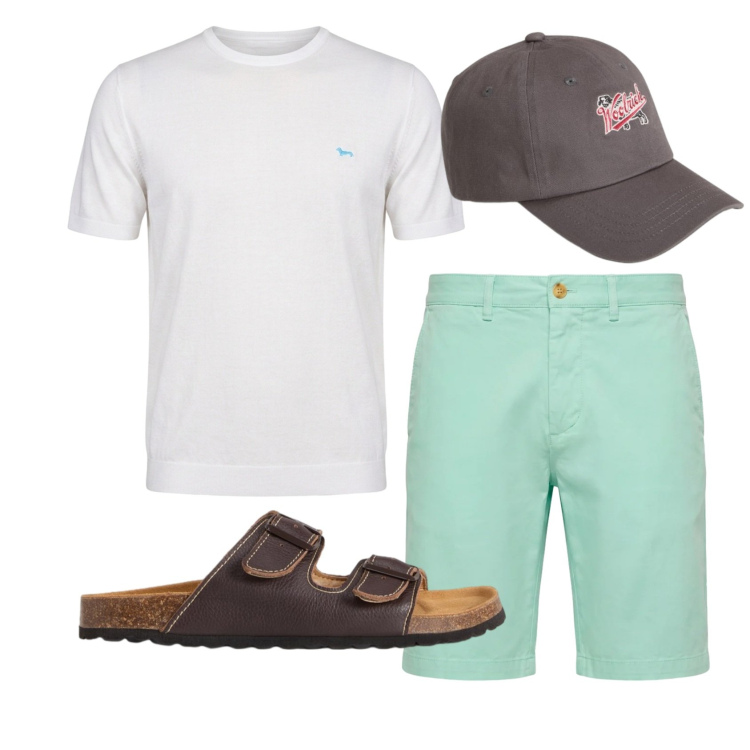 Outfit uomo - Total look #2435949. Stile Casual per Tutti i giorni. Abbinamento con t-shirt, bermuda, sandali, cappelli con visiera.