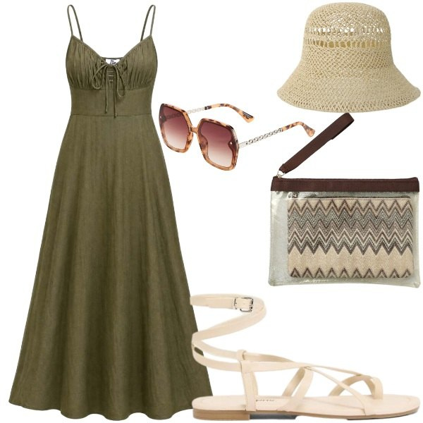 Outfit donna - Estate. Stile Casual per Tutti i giorni. Abbinamento con sandali, occhiali da sole, pochette, cappelli, vestiti lunghi.
