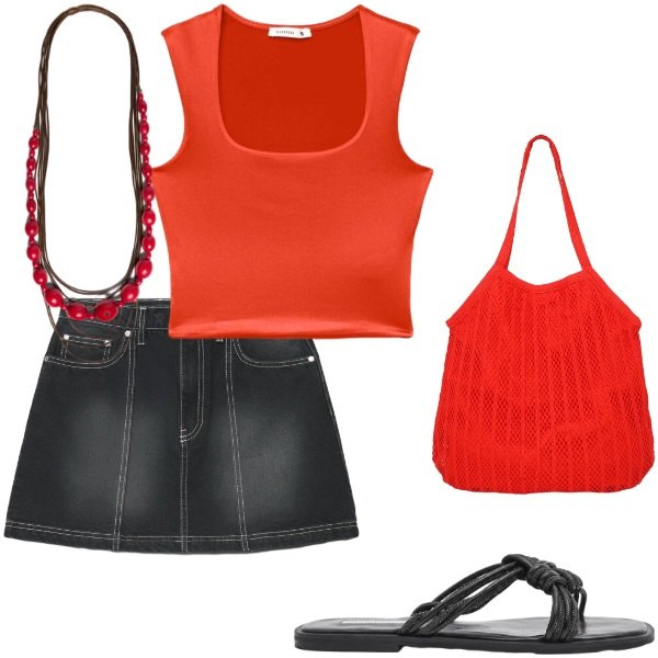 Outfit donna - Estate. Stile Casual per Tutti i giorni. Abbinamento con minigonne, top, shopping bag, sandali, collane.