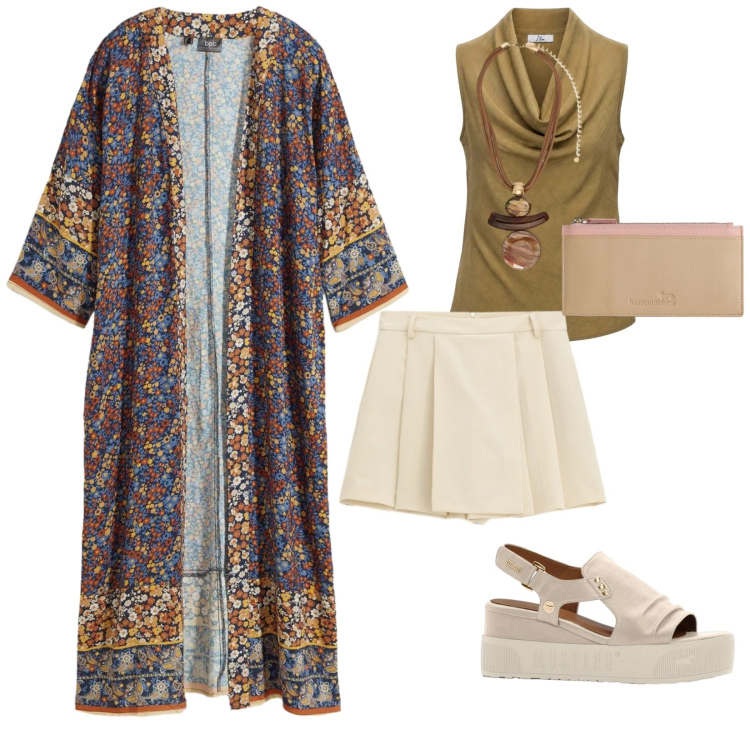 Outfit donna - Aperitivo estivo. per Serata fuori. Abbinamento con kimono, sandali, canottiere, portafogli, ciondoli, shorts.