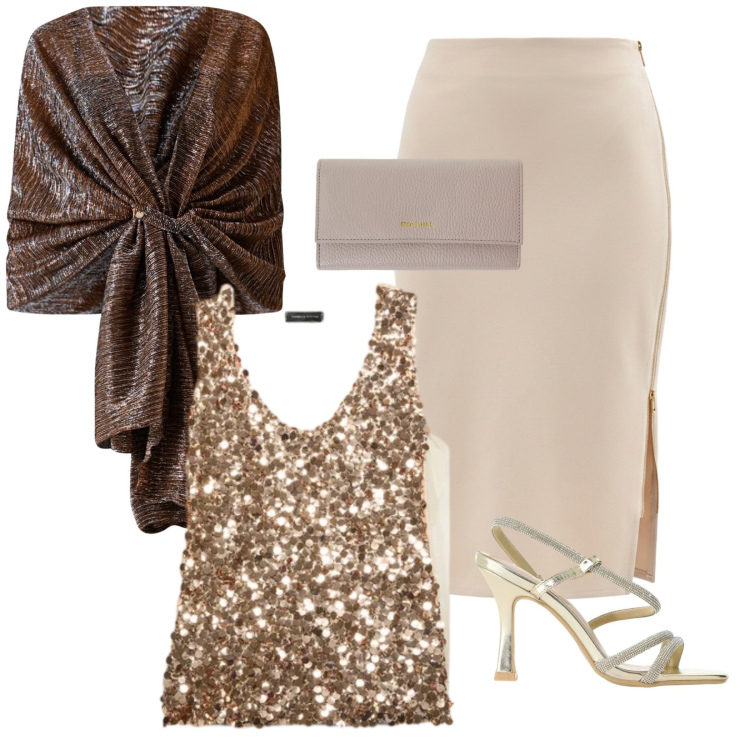 Outfit donna - Romantica a ruches. Stile Romantica per Serata fuori. Abbinamento con stole, gonne longuette, portafogli, sandali col tacco, top.