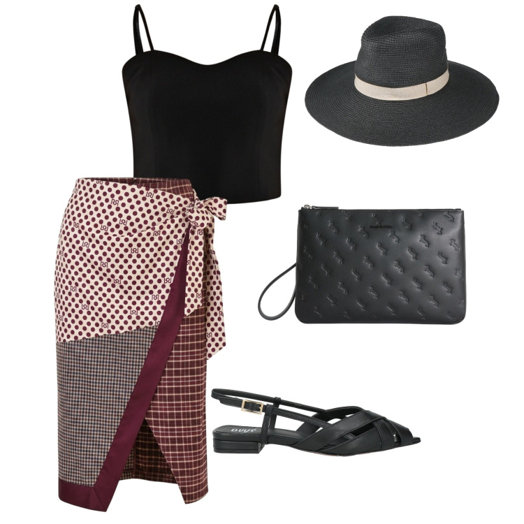 Outfit donna - Aperitivo in compagnia. per Serata fuori. Abbinamento con cappelli, sandali in pelle, anelli, gonne longuette, top.