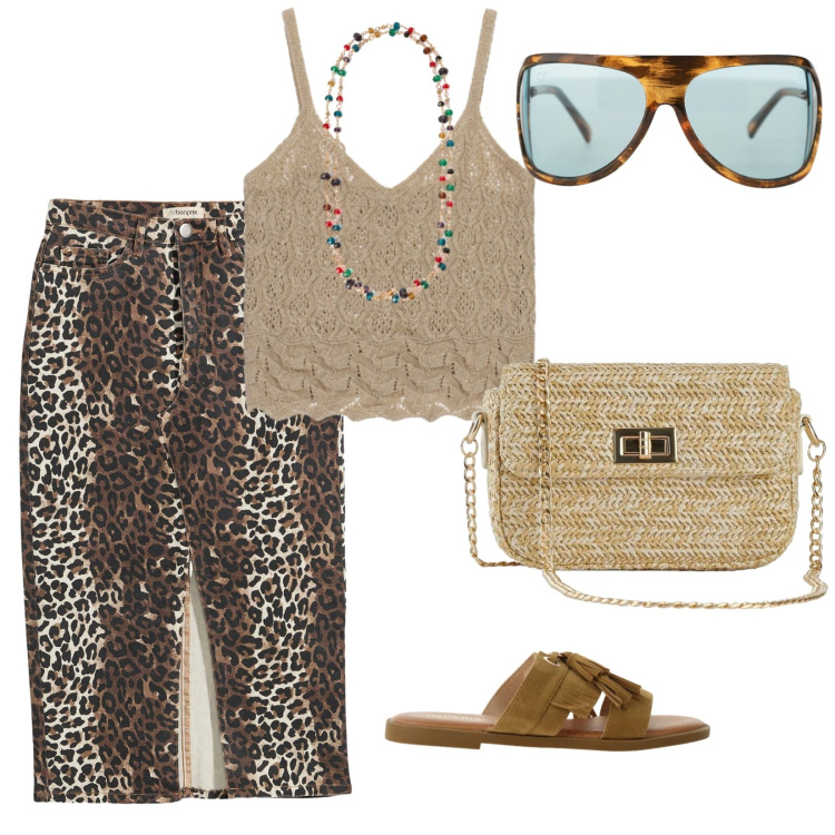 Outfit donna - Aperitivo donna curvy. per Serata fuori. Abbinamento con gonne, borse a tracolla, occhiali da sole, sandali, maglieria, collane.