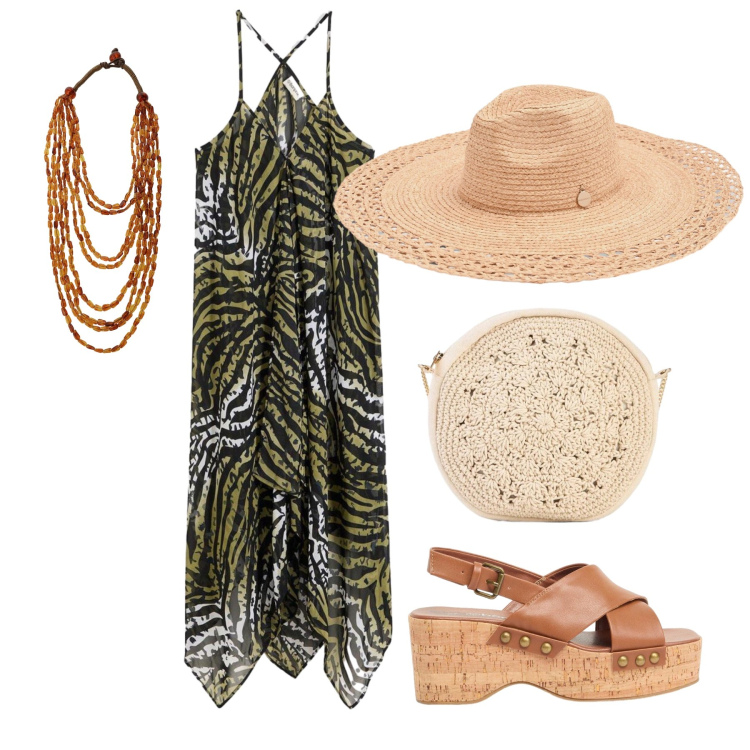 Outfit donna - Luglio. Stile Trendy per Mare. Abbinamento con vestiti da spiaggia, zeppe, borse a tracolla, cappelli, collane.