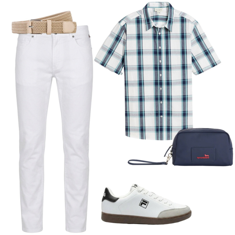 Outfit uomo - White man. per Ufficio. Abbinamento con camicie a manica corta, sneakers, cinture, pantaloni, borse sportive.