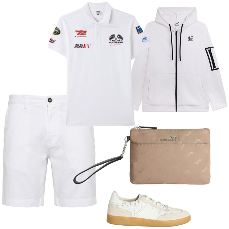 Outfit uomo - A vela. per Mare. Abbinamento con sneakers, borse sportive, bermuda, polo, felpe con cappuccio.