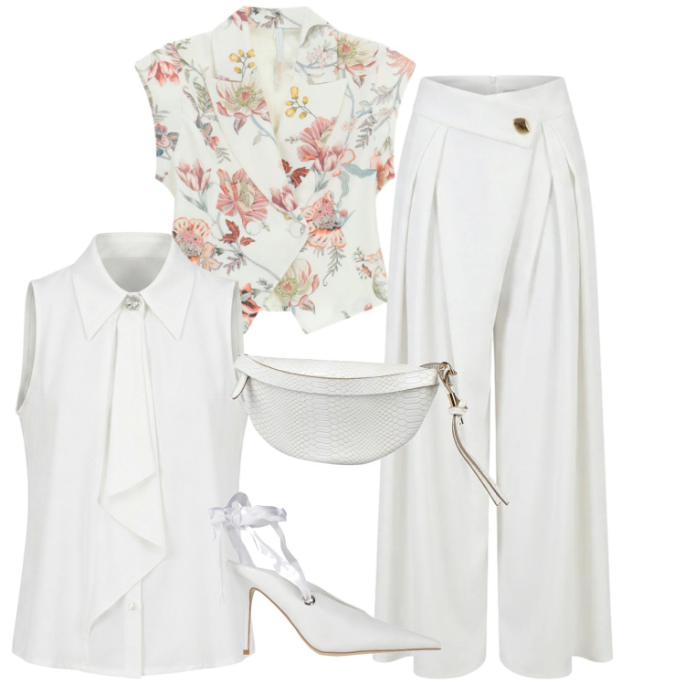 Outfit donna - Total White chic. Stile Chic Abbinamento con décolleté, marsupi, pantaloni a palazzo, top, gilet.