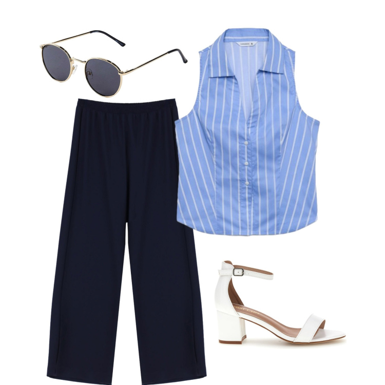 Outfit donna - Total look #2435979. Stile Basic per Tutti i giorni. Abbinamento con occhiali da sole, camicie a manica corta, pantaloni a palazzo, sandali col tacco.