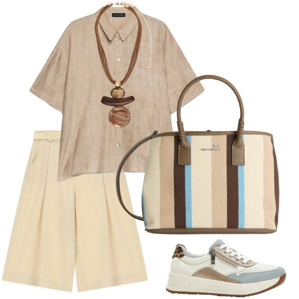 Outfit donna - Total look #2435980. Stile Glamour per Tutti i giorni. Abbinamento con sneakers, shopping bag, bermuda, camicie a manica corta, ciondoli.