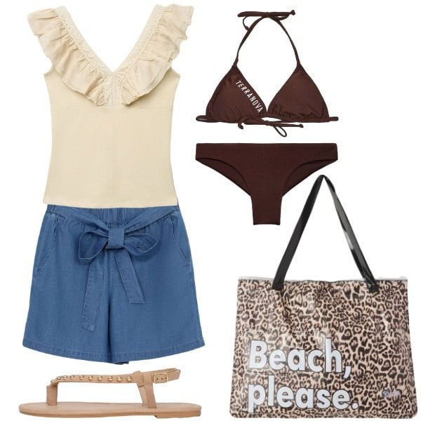 Outfit donna - Total look #2435985. Stile Casual per Mare. Abbinamento con shorts, borse tote, ciabatte, bikini, canottiere, bikini.