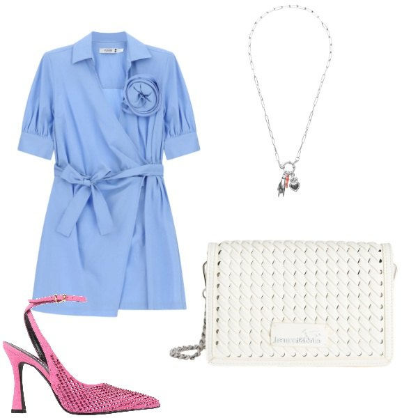 Outfit donna - Aperitivo Carrie Bradshaw style. Stile Glamour per Serata fuori. Abbinamento con décolleté, borse a tracolla, ciondoli, vestiti lunghi.