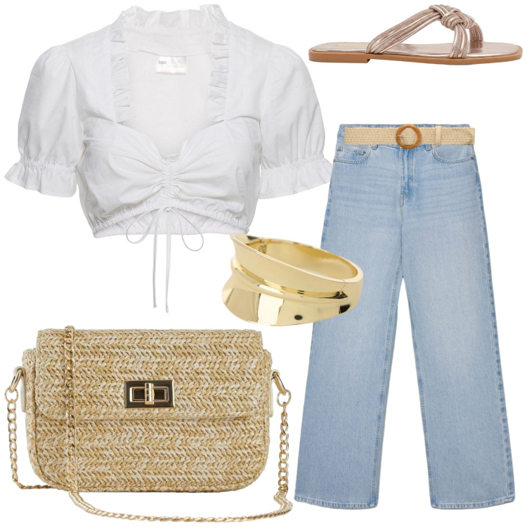Outfit donna - La camicia romantica. Stile Romantica per Tutti i giorni. Abbinamento con top, borse a tracolla, jeans, cinture, sandali, braccialetti.