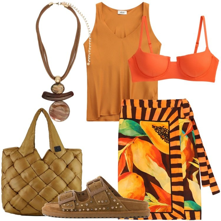 Outfit donna - Summer Sale Style. Stile Etnico per Mare. Abbinamento con gonne longuette, top, ciondoli, bikini, borse tote, sandali in pelle.