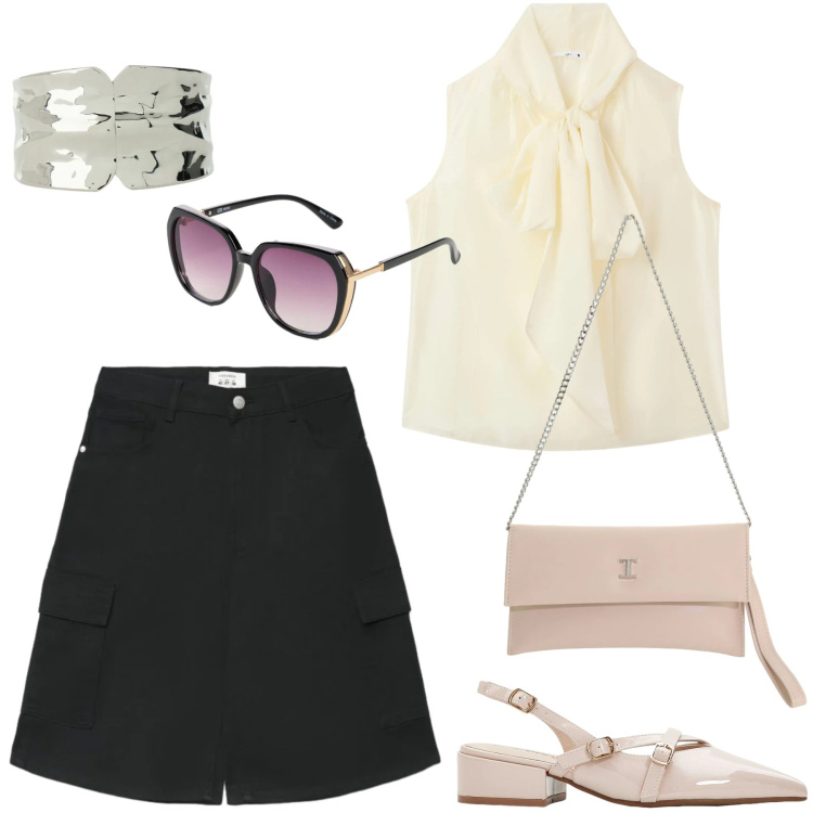 Outfit donna - Total look #2436038. Stile Chic per Tutti i giorni. Abbinamento con décolleté, occhiali da sole, pantaloni corti, bluse, borse a tracolla, braccialetti.