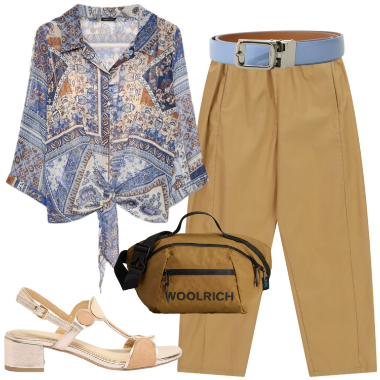 Outfit donna - All\'aperitivo casual. Stile Casual Abbinamento con sandali col tacco, bluse, borse a tracolla, cinture, pantaloni.