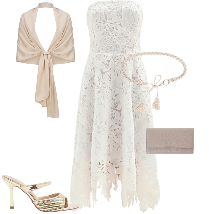 Outfit donna - Romantica chic serata evento. Stile Romantica per Serata fuori. Abbinamento con cinture, stole, sabot, vestiti asimmetrici, portafogli.