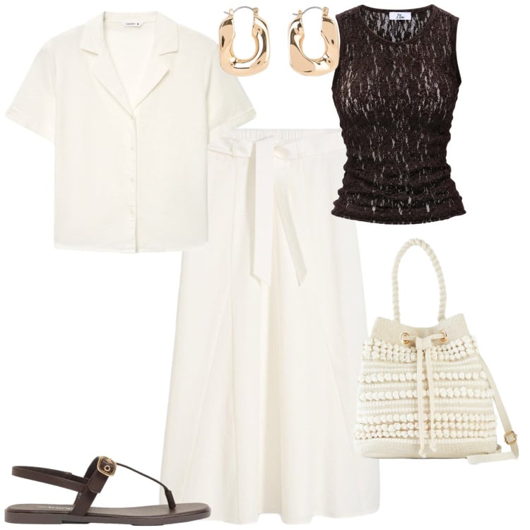 Outfit donna - Casual chic serata evento. Stile Casual chic per Serata fuori. Abbinamento con gonne longuette, borse a secchiello, sandali, orecchini, top, camicie a manica corta.