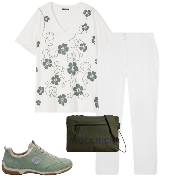 Outfit donna - Luglio. Stile Casual chic per Tutti i giorni. Abbinamento con sneakers, pantaloni, t-shirt, borse a tracolla.