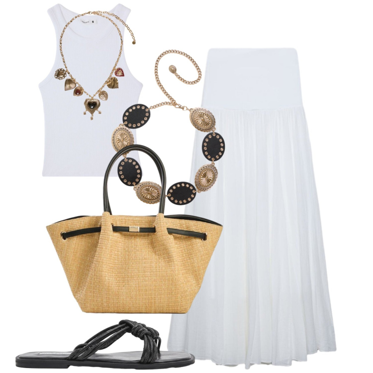 Outfit donna - Al mare. Stile Casual chic per Mare. Abbinamento con shopping bag, gonne lunghe, canottiere, cinture, sandali, collane.