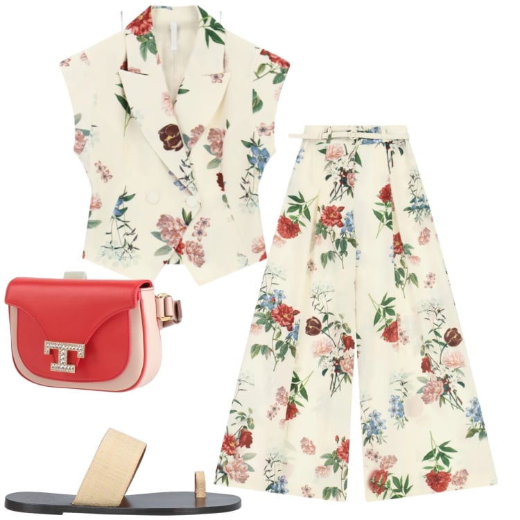 Outfit donna - Summer. Stile Romantica per Tutti i giorni. Abbinamento con marsupi, top, ciabatte, pantaloni a palazzo, gilet.