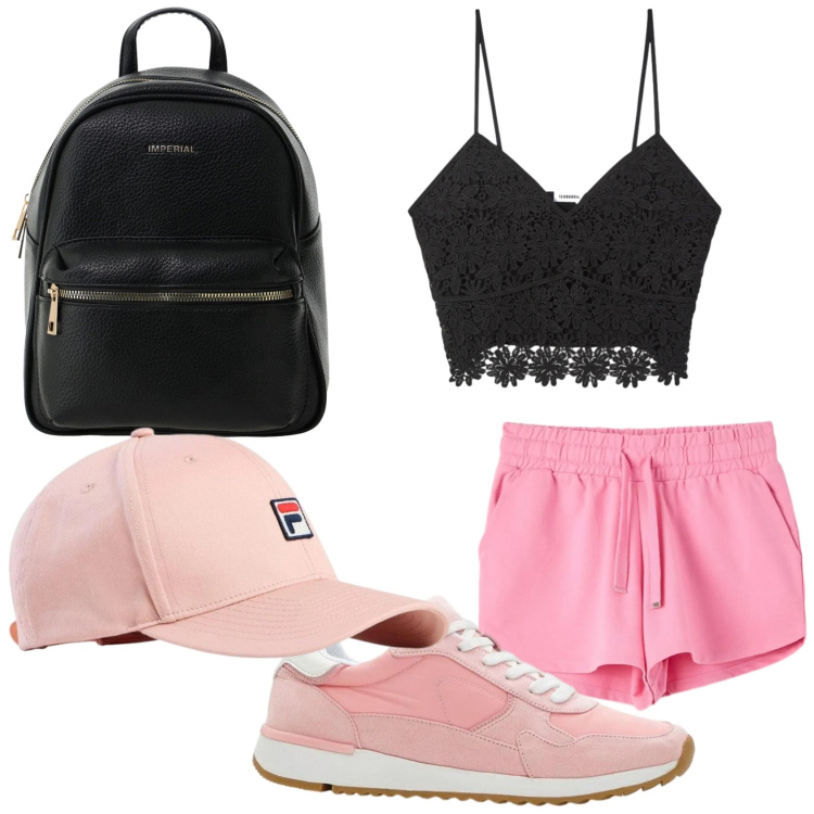 Outfit donna - Giugno al parco. Stile Basic per Tutti i giorni. Abbinamento con sneakers, cappelli con visiera, shorts, top, zaini.