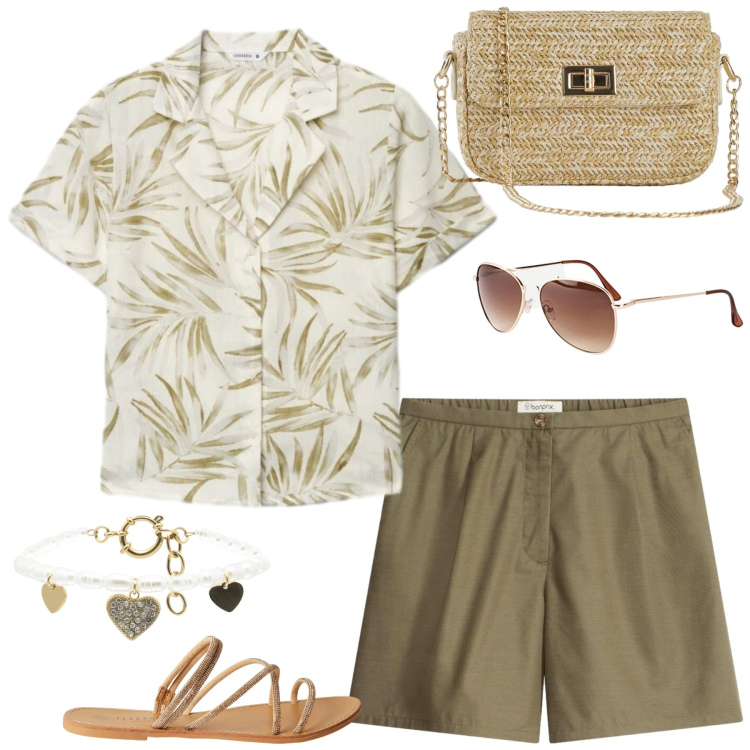 Outfit donna - Total look #2436093. Stile Casual chic per Tutti i giorni. Abbinamento con bermuda, borse a tracolla, occhiali da sole, camicie a manica corta, sandali, braccialetti.