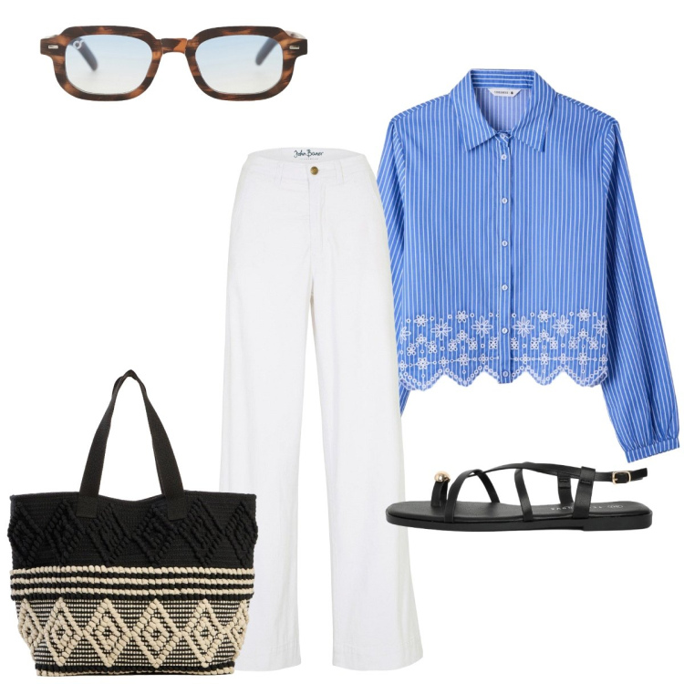 Outfit donna - Stile perfetto per le giornate estive. Stile Glamour per Tutti i giorni. Abbinamento con jeans, shopping bag, camicie, sandali, occhiali da sole.