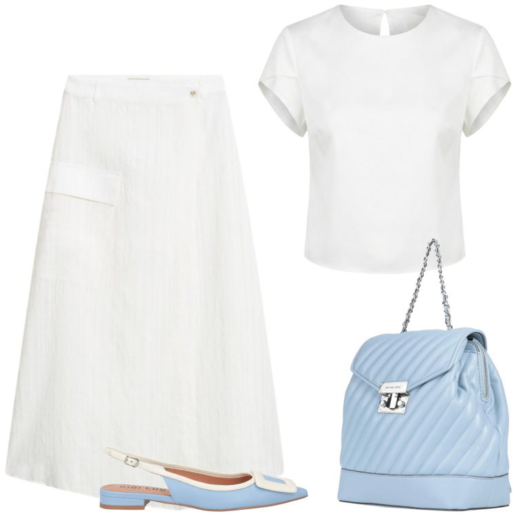 Outfit donna - Bianco e celeste. Stile Casual chic per Tutti i giorni. Abbinamento con zaini, ballerine, t-shirt, gonne.