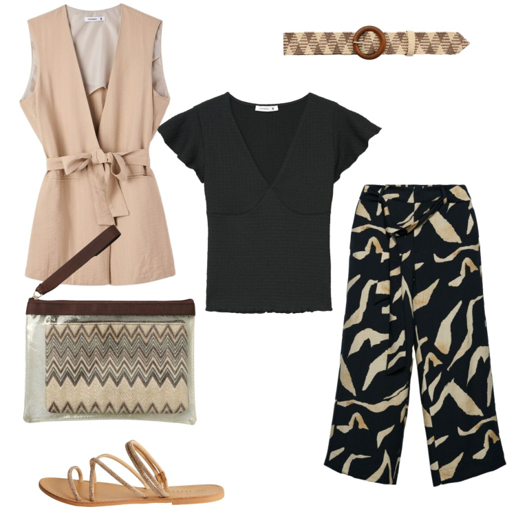 Outfit donna - Nero e beige. Stile Etnico per Serata fuori. Abbinamento con pantaloni, gilet, t-shirt, cinture, pochette, sandali.