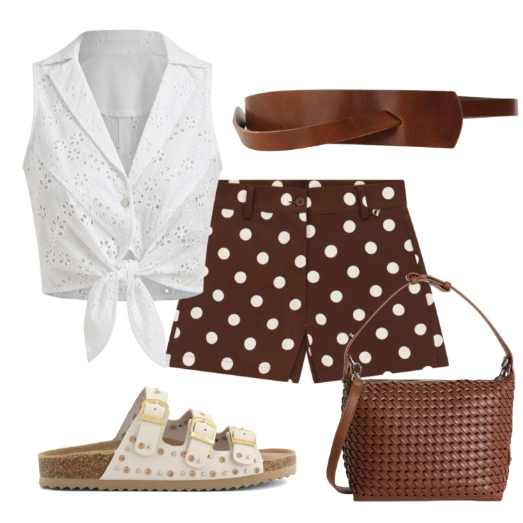 Outfit donna - Pizzo e pois. Stile Casual per Scuola/Università. Abbinamento con borse a spalla, cinture, shorts, top, sandali.