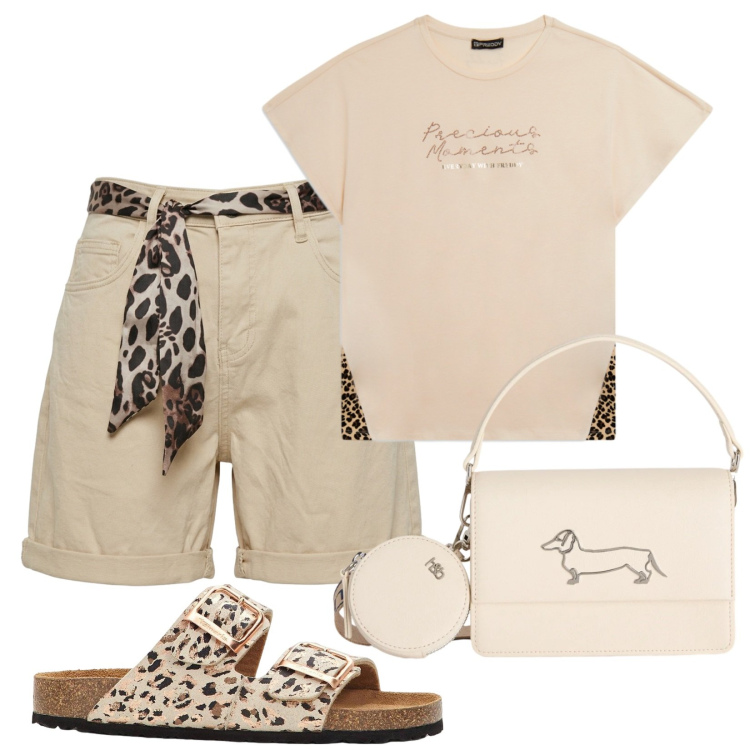 Outfit donna - Animalier. Stile Casual per Scuola/Università. Abbinamento con ciabatte, borse a tracolla, t-shirt, shorts.