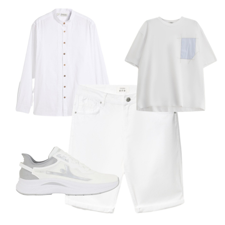 Outfit uomo - Off White summer. Stile Casual per Mare. Abbinamento con camicie, bermuda, sneakers, t-shirt.
