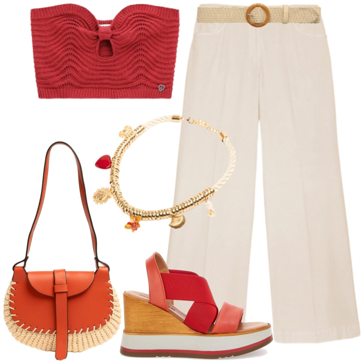 Outfit donna - Summer sale sunset. Stile Casual chic per Serata fuori. Abbinamento con cinture, top, pantaloni a palazzo, borse a tracolla, collane, sandali.