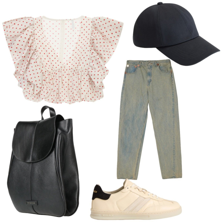 Outfit donna - Aperitivo d\'estate Curvy. Stile Trendy per Tutti i giorni. Abbinamento con zaini, top, sneakers, cappelli, jeans.