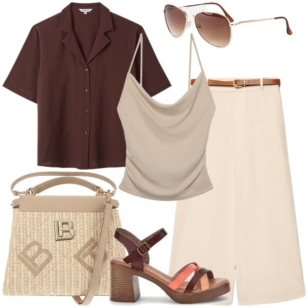 Outfit donna - Summer Sale Style. Stile Casual chic per Tutti i giorni. Abbinamento con occhiali da sole, pantaloni a palazzo, canottiere, camicie a manica corta, sandali col tacco, borse a tracolla.