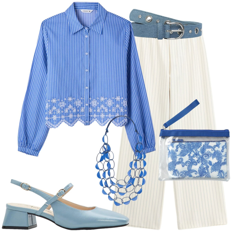 Outfit donna - Partiamo. Stile Casual per Tutti i giorni. Abbinamento con décolleté, camicie, cinture, pochette, pantaloni a palazzo, collane.
