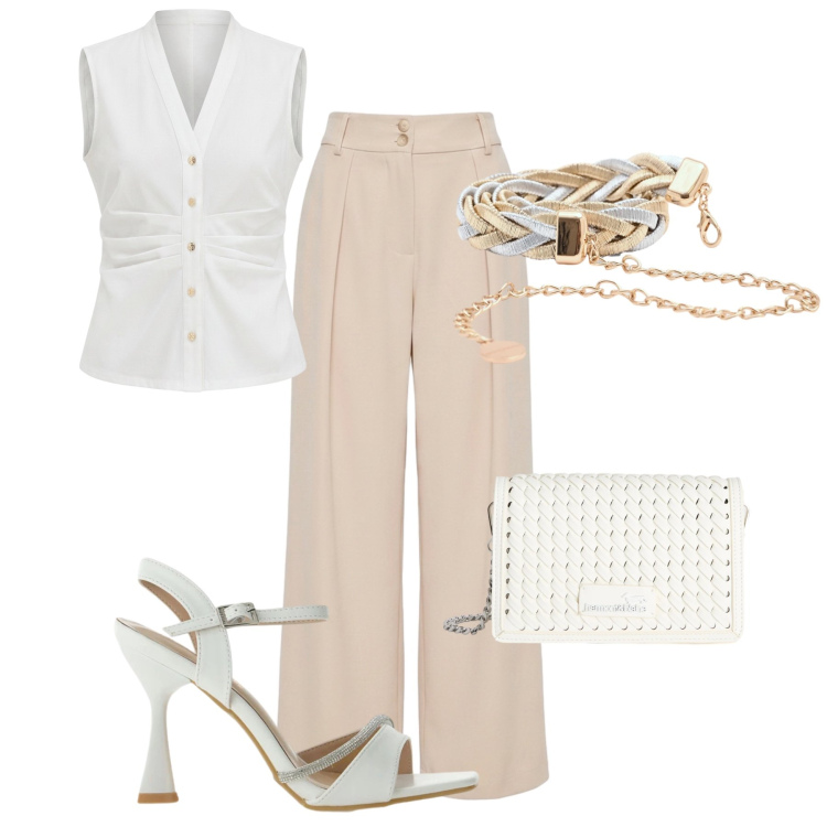 Outfit donna - Drappeggi discreti. Stile Chic per Cerimonia. Abbinamento con borse a tracolla, pantaloni a palazzo, camicie a manica corta, cinture, sandali gioiello.