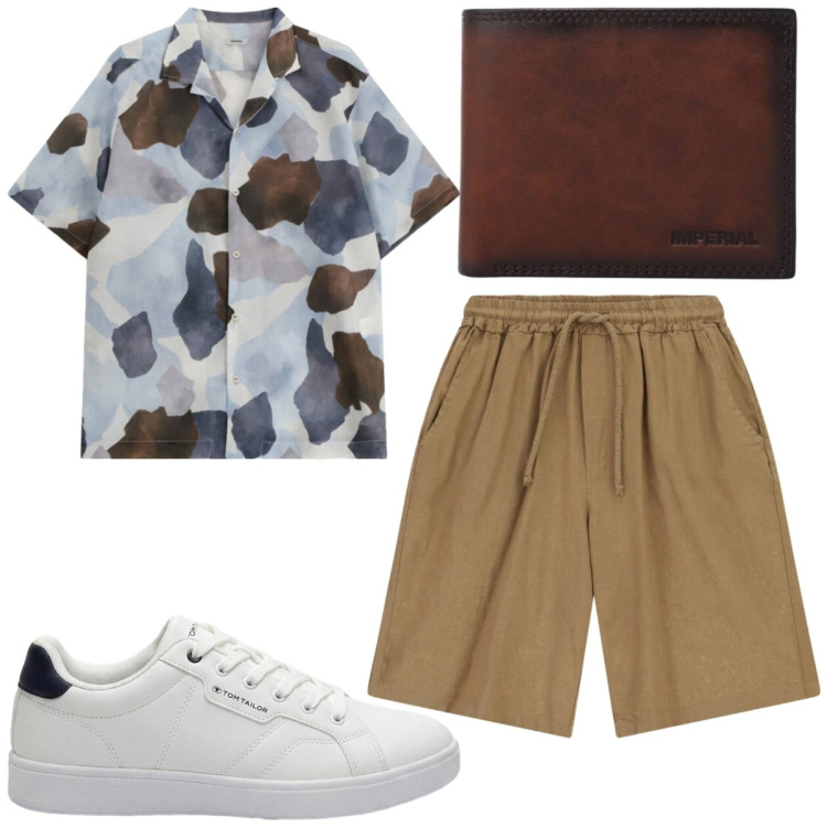 Outfit uomo - Safari urbano. Stile Casual Abbinamento con sneakers, camicie a manica corta, portafogli, bermuda.