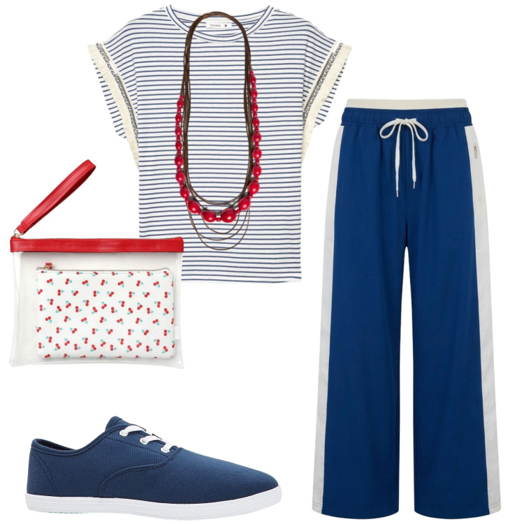 Outfit donna - Curvy. Stile Casual per Tutti i giorni. Abbinamento con sneakers, t-shirt, pantaloni, pochette, collane.