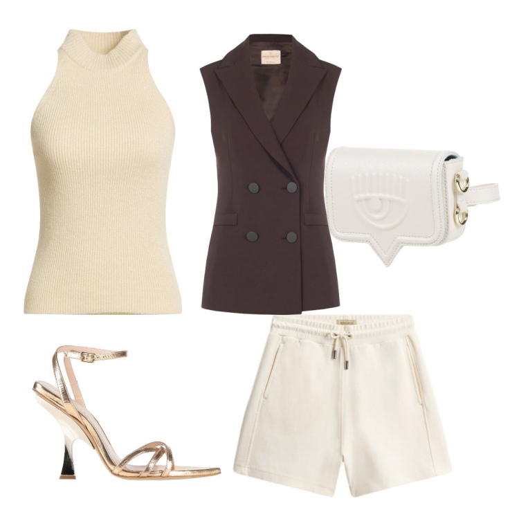 Outfit donna - Total white forever. Stile Minimal per Serata fuori. Abbinamento con marsupi, sandali in pelle, maglieria, gilet, shorts.