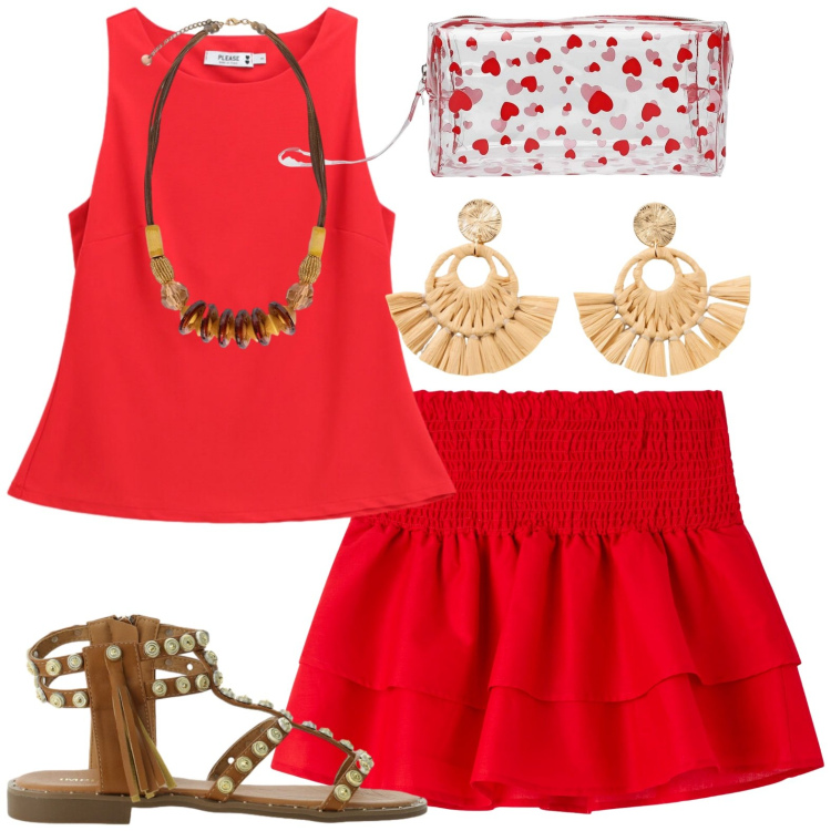 Outfit donna - volant. Stile Casual chic per Tutti i giorni. Abbinamento con orecchini, valigie, minigonne, sandali, top, collane.