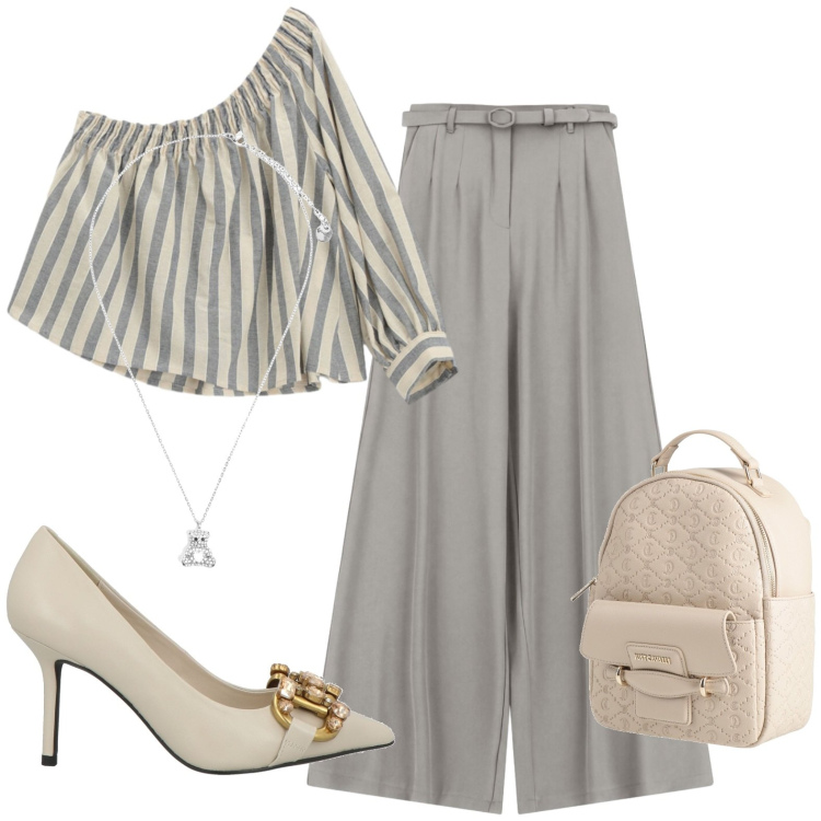 Outfit donna - Total look #2436143. Stile Casual chic per Tutti i giorni. Abbinamento con décolleté, zaini, ciondoli, pantaloni a palazzo, bluse.