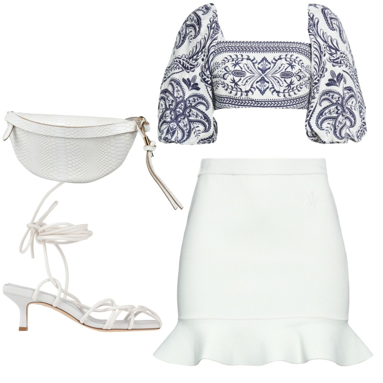 Outfit donna - Summer. Stile Chic per Serata fuori. Abbinamento con minigonne, marsupi, sandali col tacco, top.