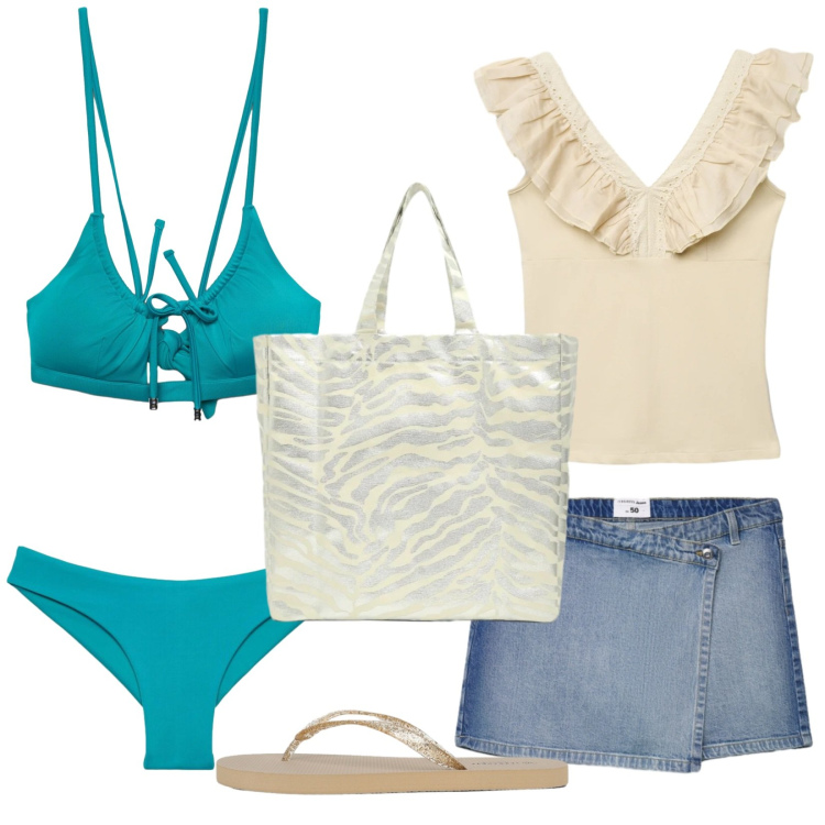 Outfit donna - Mare mare mare. Stile Basic per Mare. Abbinamento con canottiere, gonne, bikini, shopping bag, infradito, bikini.