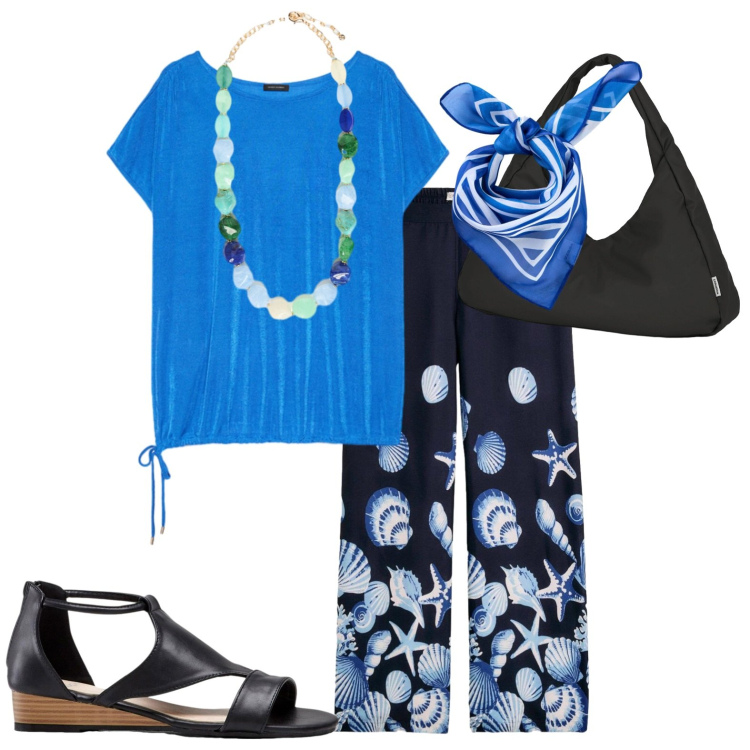 Outfit donna - Bluette. Stile Casual chic per Tutti i giorni. Abbinamento con sandali, pantaloni a palazzo, foulard, t-shirt, collane, borse a spalla.