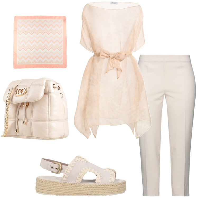 Outfit donna - Voile. Stile Casual chic per Serata fuori. Abbinamento con top, pantaloni, valigie, sciarpe, espadrillas.